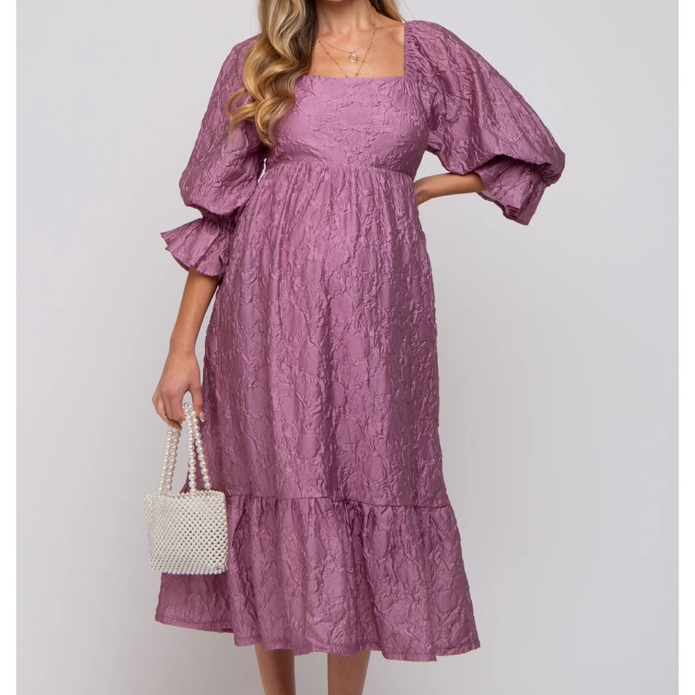 PinkBlush Mauve Pink Metallic Floral Maternity Midi Dress